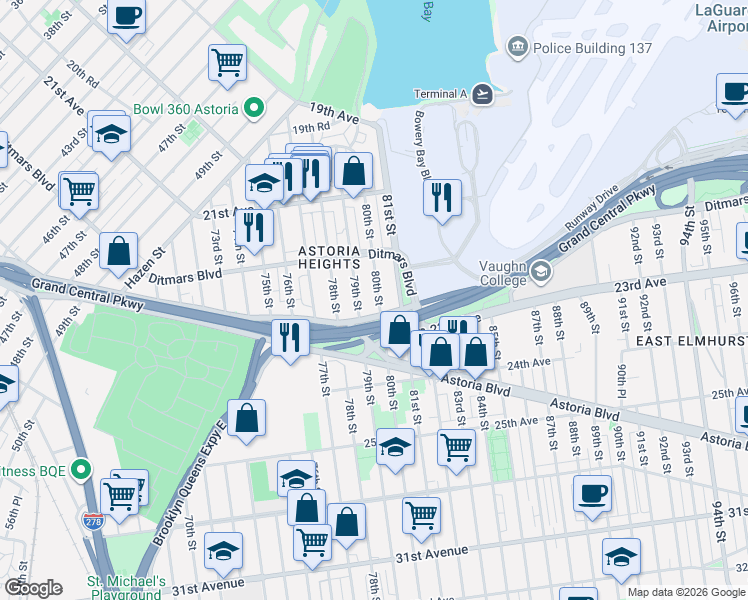 map of restaurants, bars, coffee shops, grocery stores, and more near 22-61 79th Street in Queens