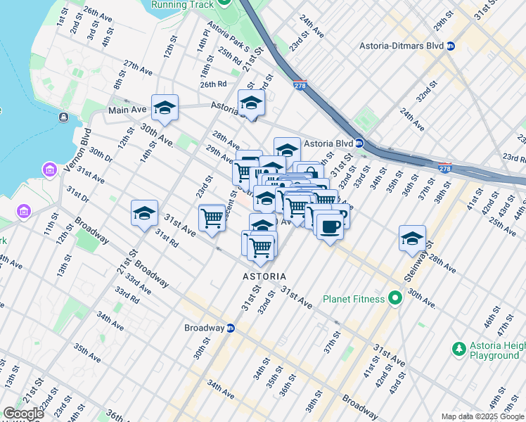 map of restaurants, bars, coffee shops, grocery stores, and more near 2928 30th Avenue in Queens
