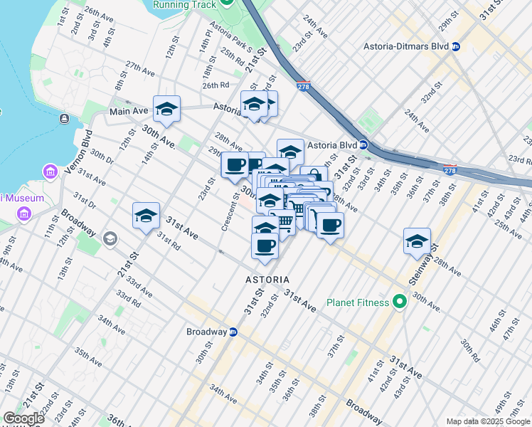 map of restaurants, bars, coffee shops, grocery stores, and more near 2928 30th Avenue in Queens