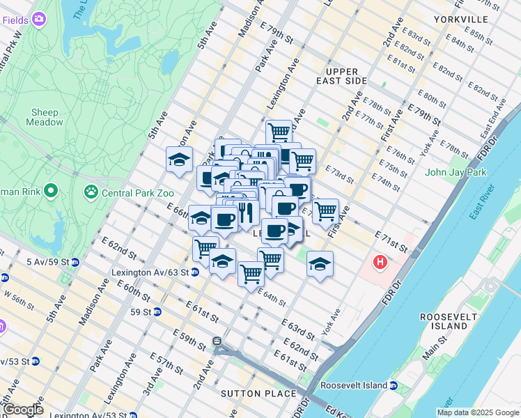 map of restaurants, bars, coffee shops, grocery stores, and more near 210 East 69th Street in New York