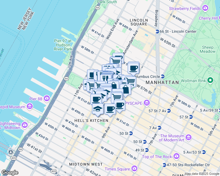 map of restaurants, bars, coffee shops, grocery stores, and more near 443 West 54th Street in New York