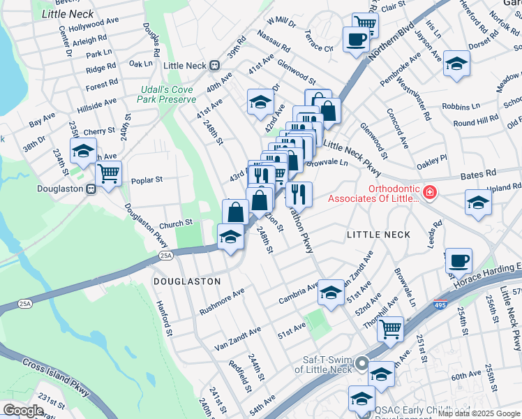 map of restaurants, bars, coffee shops, grocery stores, and more near 228-06 Northern Boulevard in Queens