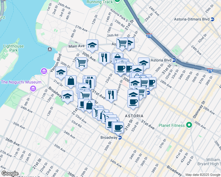 map of restaurants, bars, coffee shops, grocery stores, and more near 23-18 30th Drive in Queens