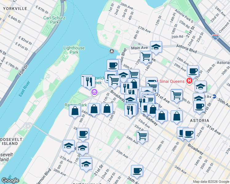 map of restaurants, bars, coffee shops, grocery stores, and more near 11-15 Broadway in Queens