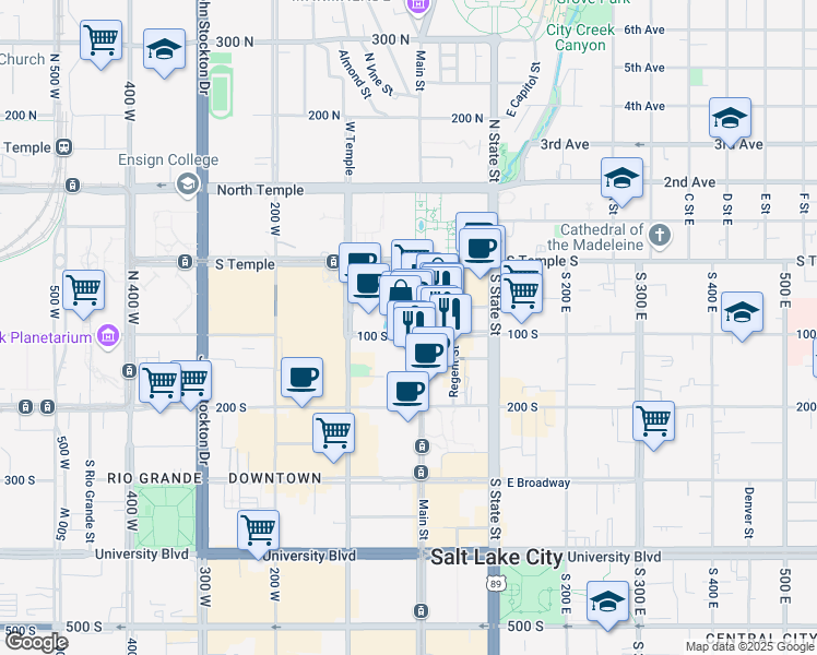 map of restaurants, bars, coffee shops, grocery stores, and more near 102 South Main Street in Salt Lake City