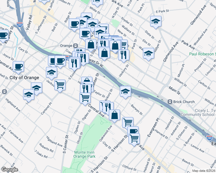 map of restaurants, bars, coffee shops, grocery stores, and more near 166 Parrow Street in City of Orange