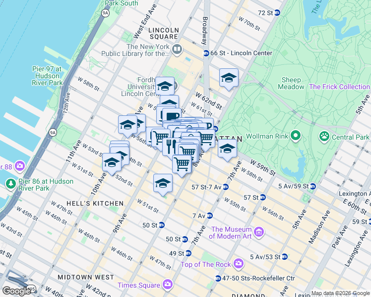 map of restaurants, bars, coffee shops, grocery stores, and more near 330 West 55th Street in New York