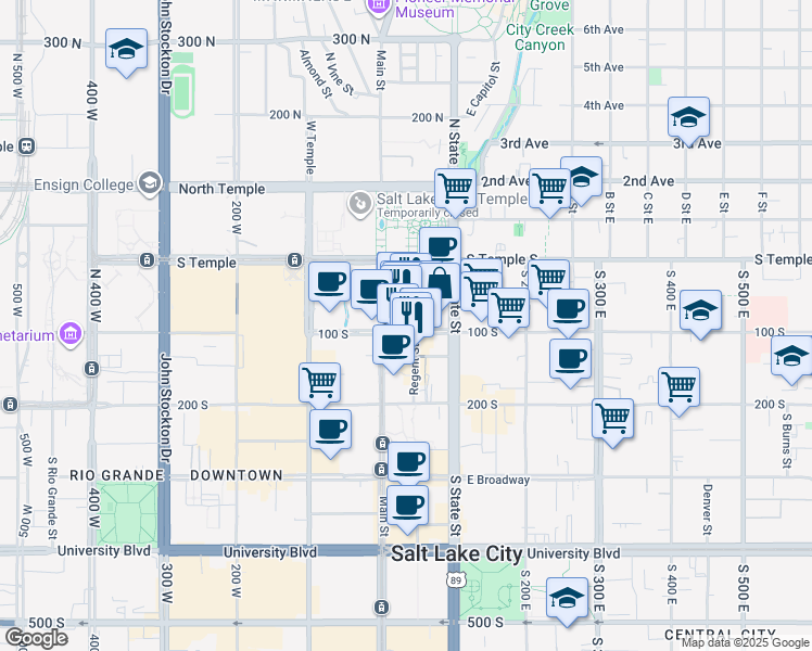 map of restaurants, bars, coffee shops, grocery stores, and more near 35 East 100 South in Salt Lake City