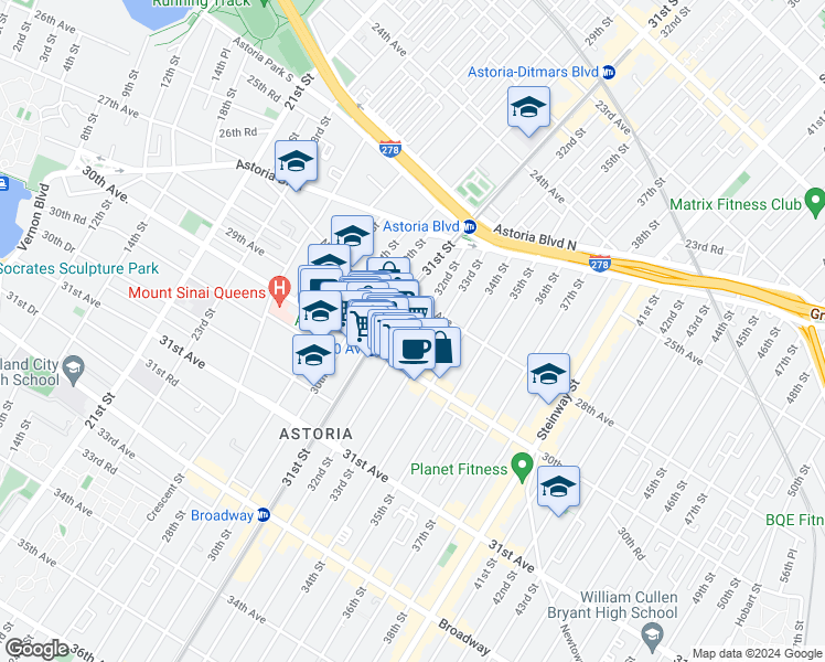 map of restaurants, bars, coffee shops, grocery stores, and more near 31-24 28th Road in Queens