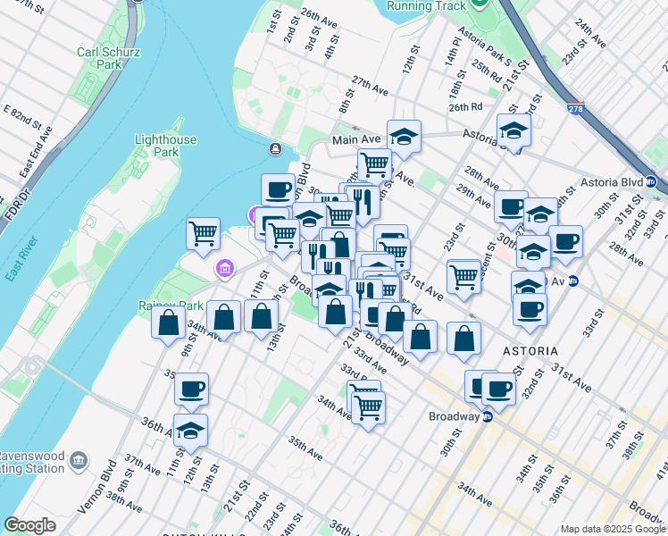 map of restaurants, bars, coffee shops, grocery stores, and more near 31-50 14th Street in Queens