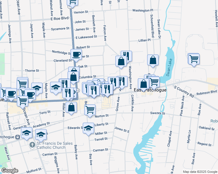 map of restaurants, bars, coffee shops, grocery stores, and more near 365 East Main Street in Patchogue