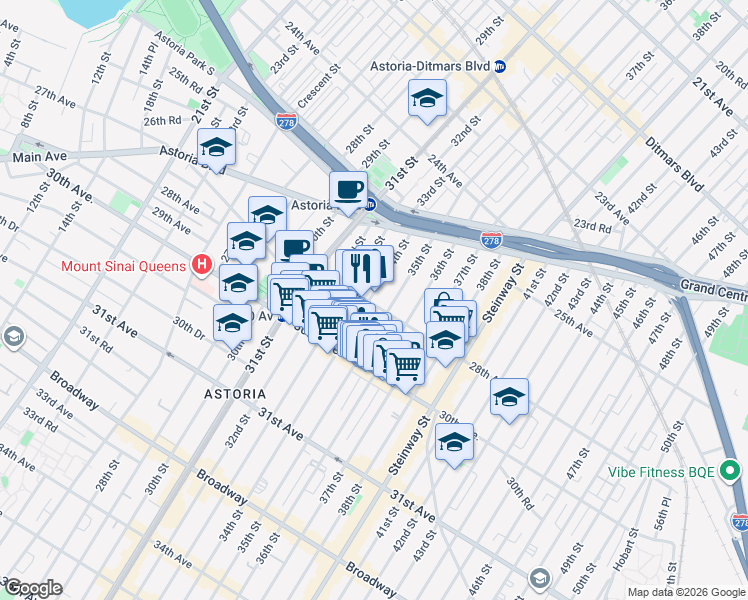 map of restaurants, bars, coffee shops, grocery stores, and more near 34-1 28th Avenue in Queens