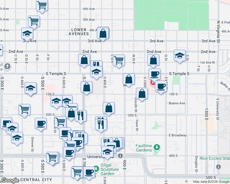 map of restaurants, bars, coffee shops, grocery stores, and more near 836 100 South in Salt Lake City