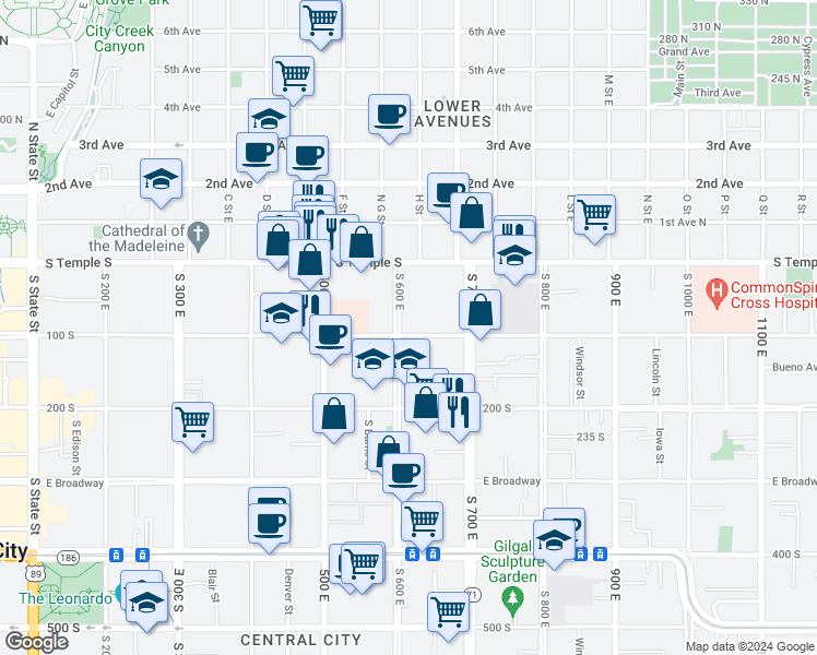 map of restaurants, bars, coffee shops, grocery stores, and more near 620 East 100 South in Salt Lake City