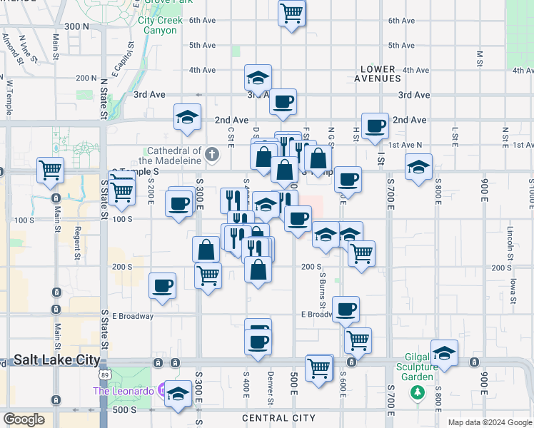 map of restaurants, bars, coffee shops, grocery stores, and more near 440 East 100 South in Salt Lake City