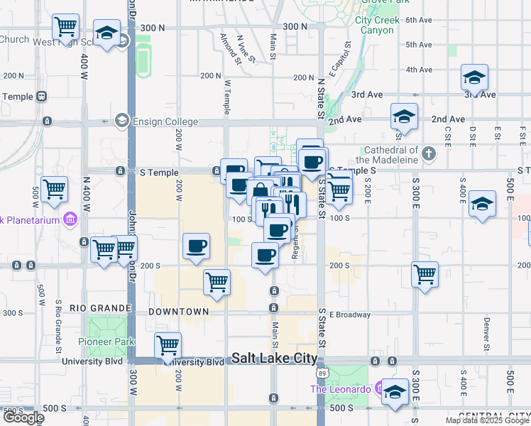 map of restaurants, bars, coffee shops, grocery stores, and more near in Salt Lake City