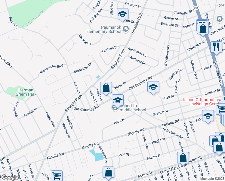 map of restaurants, bars, coffee shops, grocery stores, and more near 4 Kathleen Lane in Deer Park