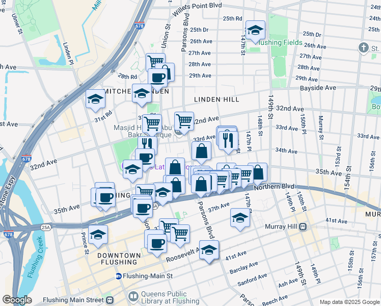 map of restaurants, bars, coffee shops, grocery stores, and more near Parsons Boulevard in Queens