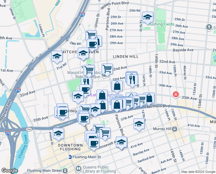map of restaurants, bars, coffee shops, grocery stores, and more near in Queens