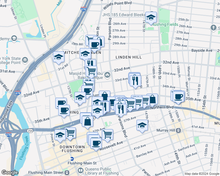 map of restaurants, bars, coffee shops, grocery stores, and more near in Queens
