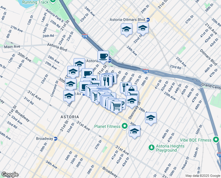 map of restaurants, bars, coffee shops, grocery stores, and more near 28-8 35th Street in Queens