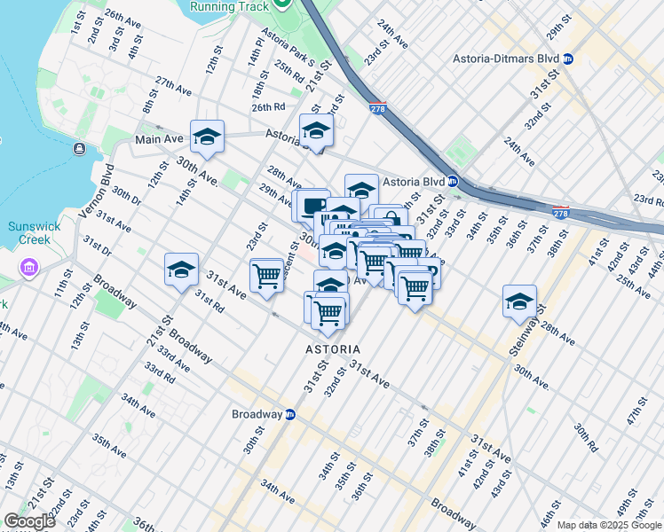 map of restaurants, bars, coffee shops, grocery stores, and more near 2928 30th Avenue in Queens