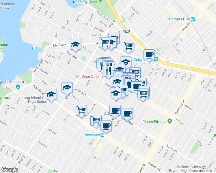 map of restaurants, bars, coffee shops, grocery stores, and more near 25-40 30th Road in Queens