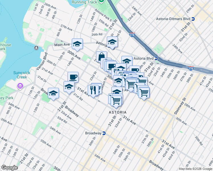 map of restaurants, bars, coffee shops, grocery stores, and more near 25-40 30th Road in Queens