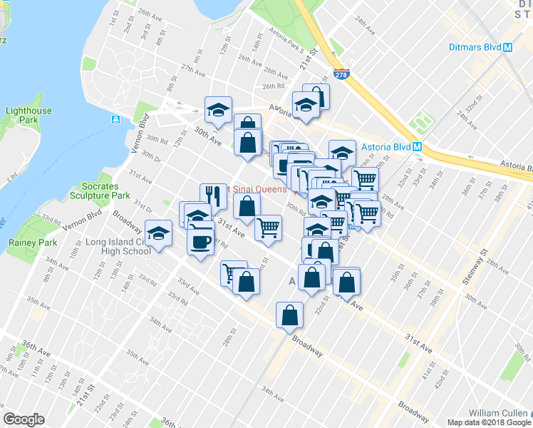 map of restaurants, bars, coffee shops, grocery stores, and more near 2367 30th Drive in Queens