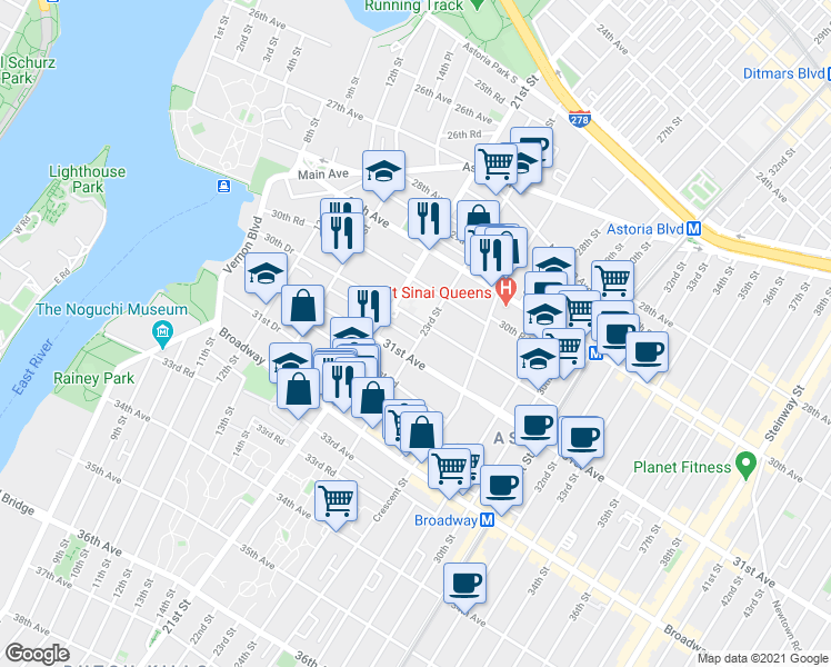 map of restaurants, bars, coffee shops, grocery stores, and more near 21-23 31st Avenue in Queens