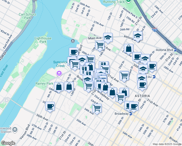 map of restaurants, bars, coffee shops, grocery stores, and more near 14-21 31st Drive in Queens
