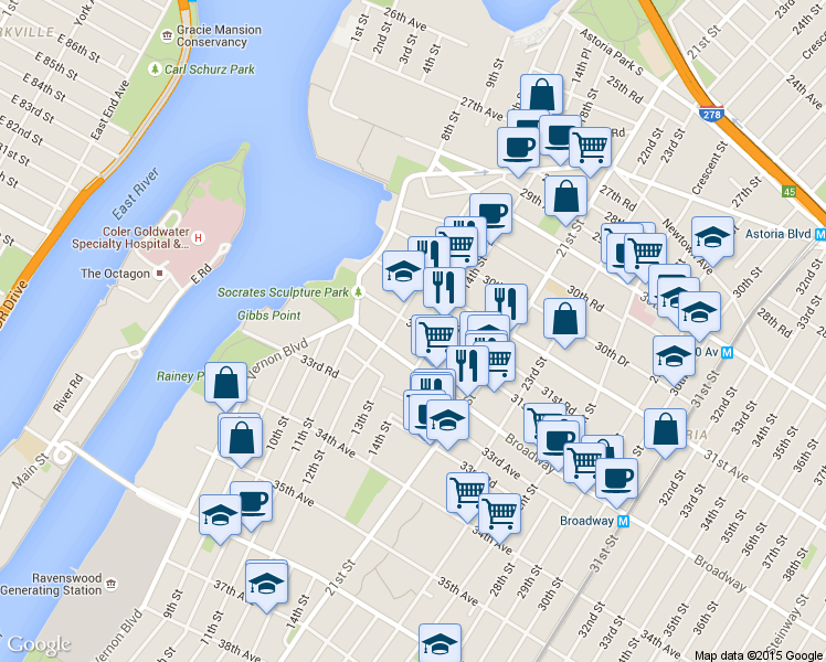 map of restaurants, bars, coffee shops, grocery stores, and more near 31-50 14th Street in Queens