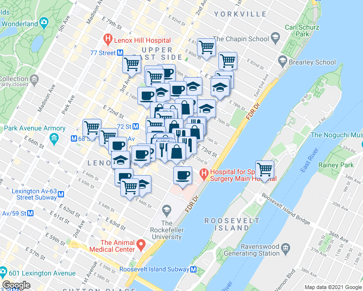 map of restaurants, bars, coffee shops, grocery stores, and more near 1334 York Avenue in New York