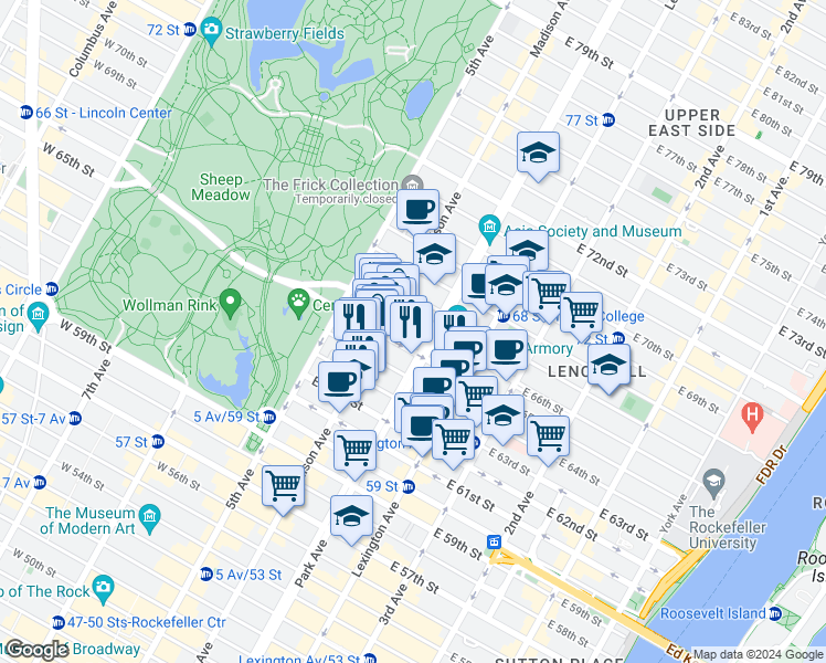 map of restaurants, bars, coffee shops, grocery stores, and more near 42A East 65th Street in New York
