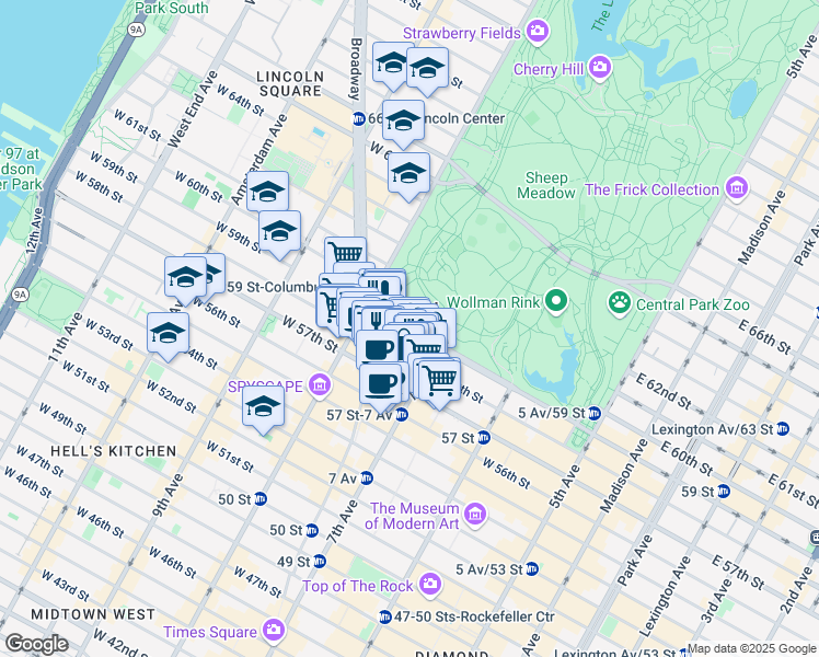 map of restaurants, bars, coffee shops, grocery stores, and more near 930 West 58th Street in New York