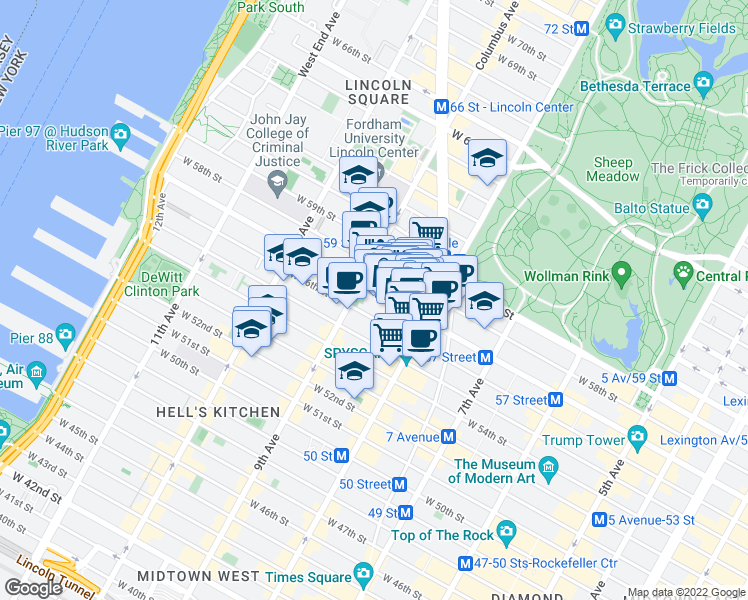 map of restaurants, bars, coffee shops, grocery stores, and more near 330 West 56th Street in New York