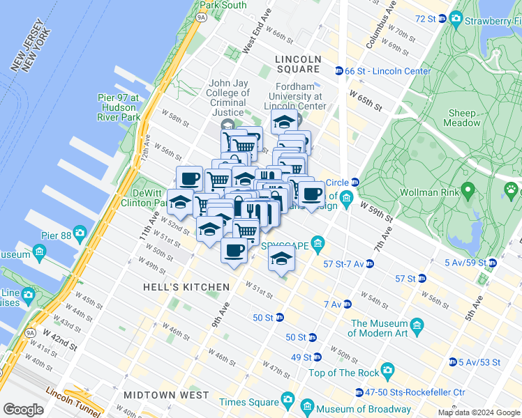 map of restaurants, bars, coffee shops, grocery stores, and more near 411 West 55th Street in New York