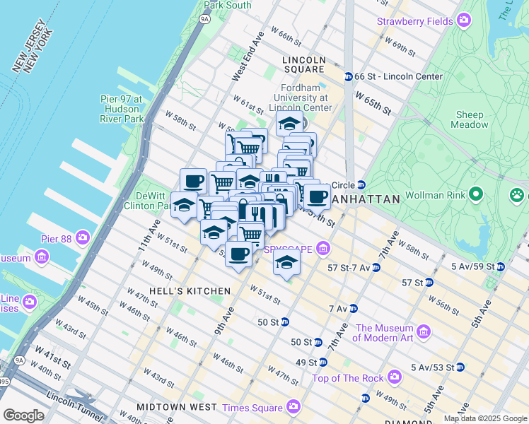 map of restaurants, bars, coffee shops, grocery stores, and more near 411 West 55th Street in New York