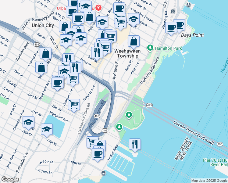 map of restaurants, bars, coffee shops, grocery stores, and more near 57 Kingswood Road in Weehawken