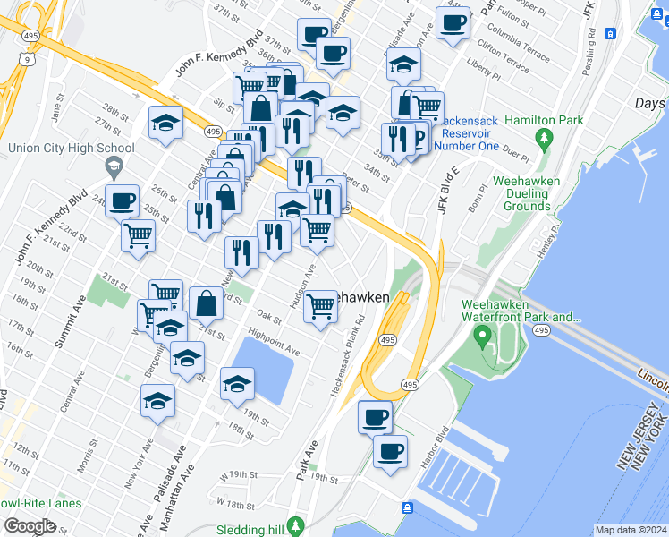 map of restaurants, bars, coffee shops, grocery stores, and more near 105 Maple Street in Weehawken