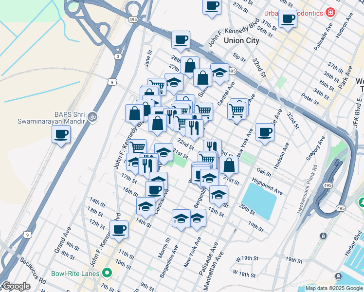 map of restaurants, bars, coffee shops, grocery stores, and more near 716 21st Street in Union City