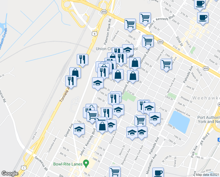 map of restaurants, bars, coffee shops, grocery stores, and more near 901 20th Street in Union City