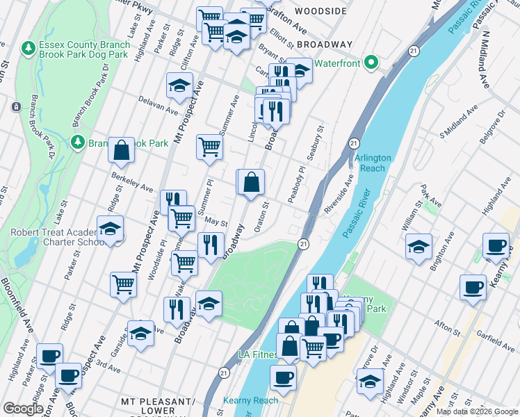 map of restaurants, bars, coffee shops, grocery stores, and more near 39 Oraton Street in Newark