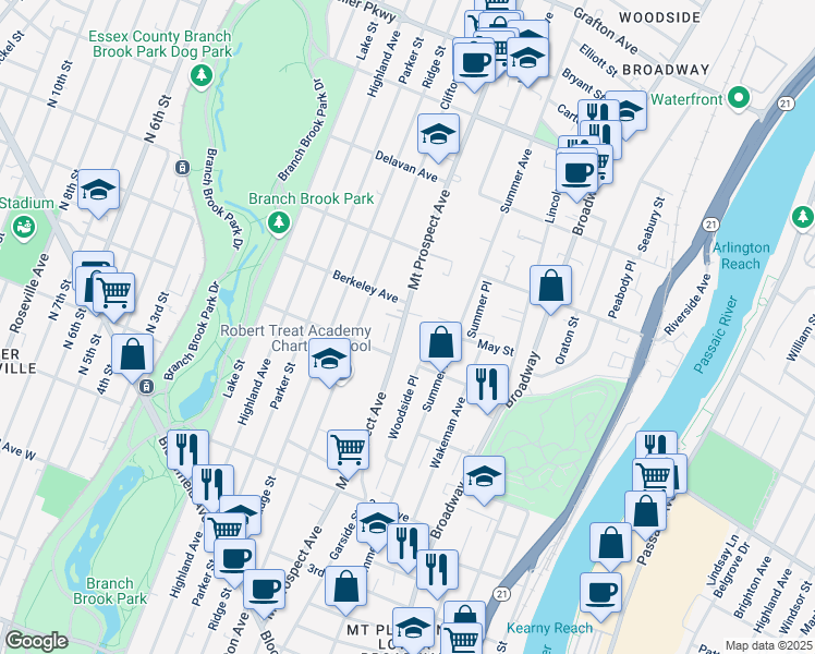 map of restaurants, bars, coffee shops, grocery stores, and more near 55 Arlington Avenue in Newark