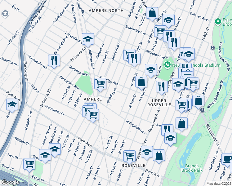 map of restaurants, bars, coffee shops, grocery stores, and more near 30 Ellington Street in East Orange