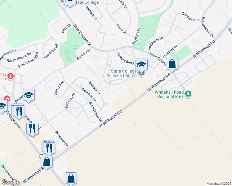 map of restaurants, bars, coffee shops, grocery stores, and more near 3221 Shellers Bend in State College
