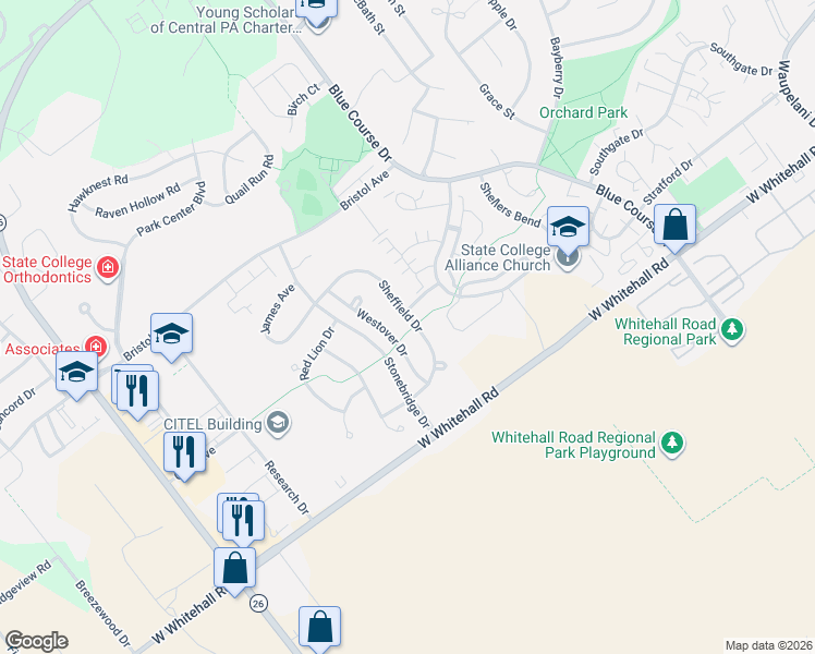 map of restaurants, bars, coffee shops, grocery stores, and more near 3104 Sheffield Drive in State College