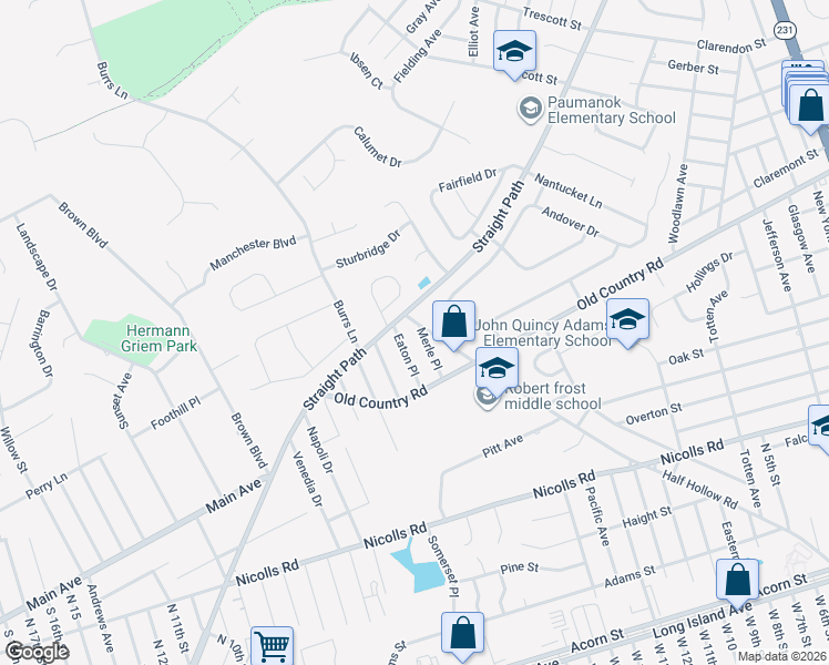 map of restaurants, bars, coffee shops, grocery stores, and more near 18 Merle Place in Deer Park