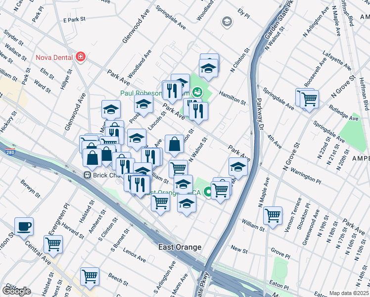 map of restaurants, bars, coffee shops, grocery stores, and more near 116 North Clinton Street in East Orange