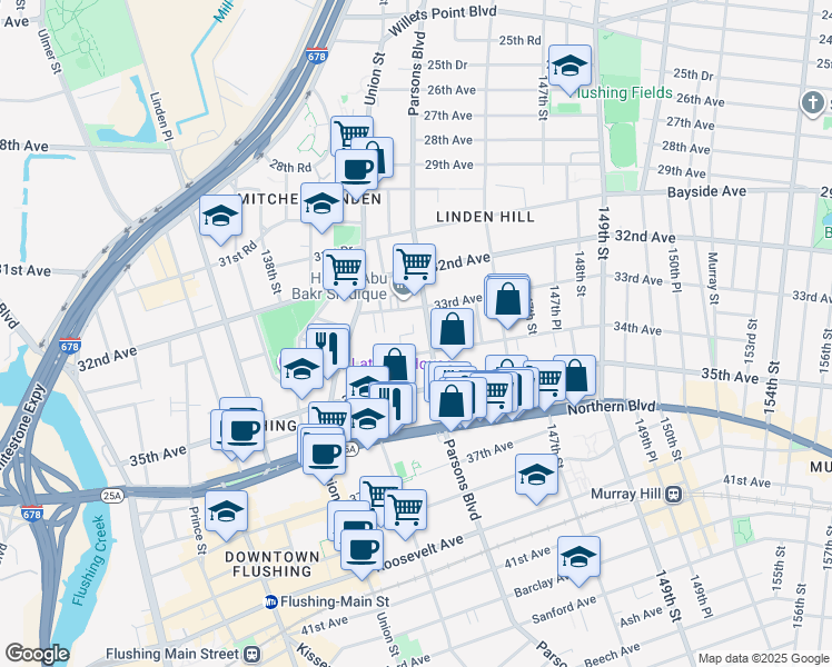 map of restaurants, bars, coffee shops, grocery stores, and more near in Queens